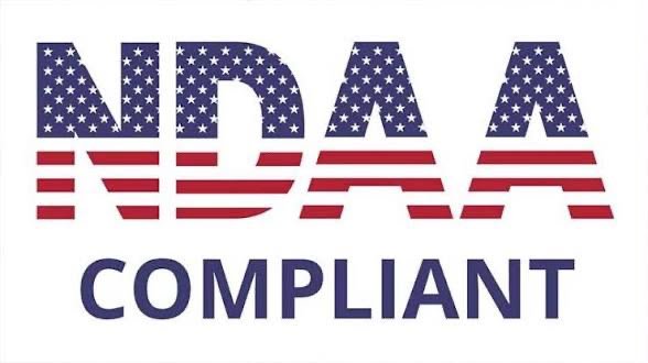 Client-supplied NDAA Compliant graphic; equipment compliance requires model-specific verification