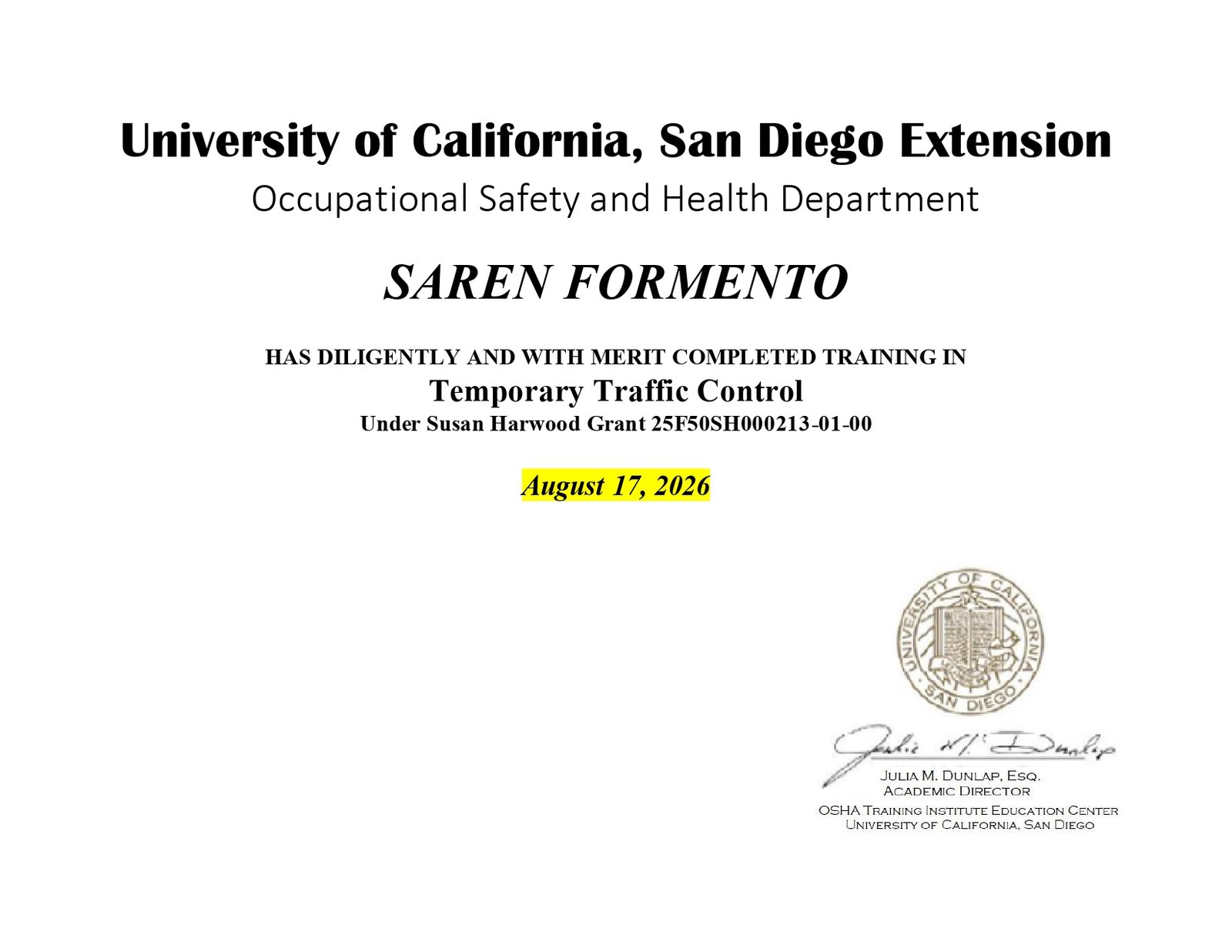 Temporary Traffic Control training completion certificate issued to Saren Formento by UC San Diego Extension on August 17, 2026.